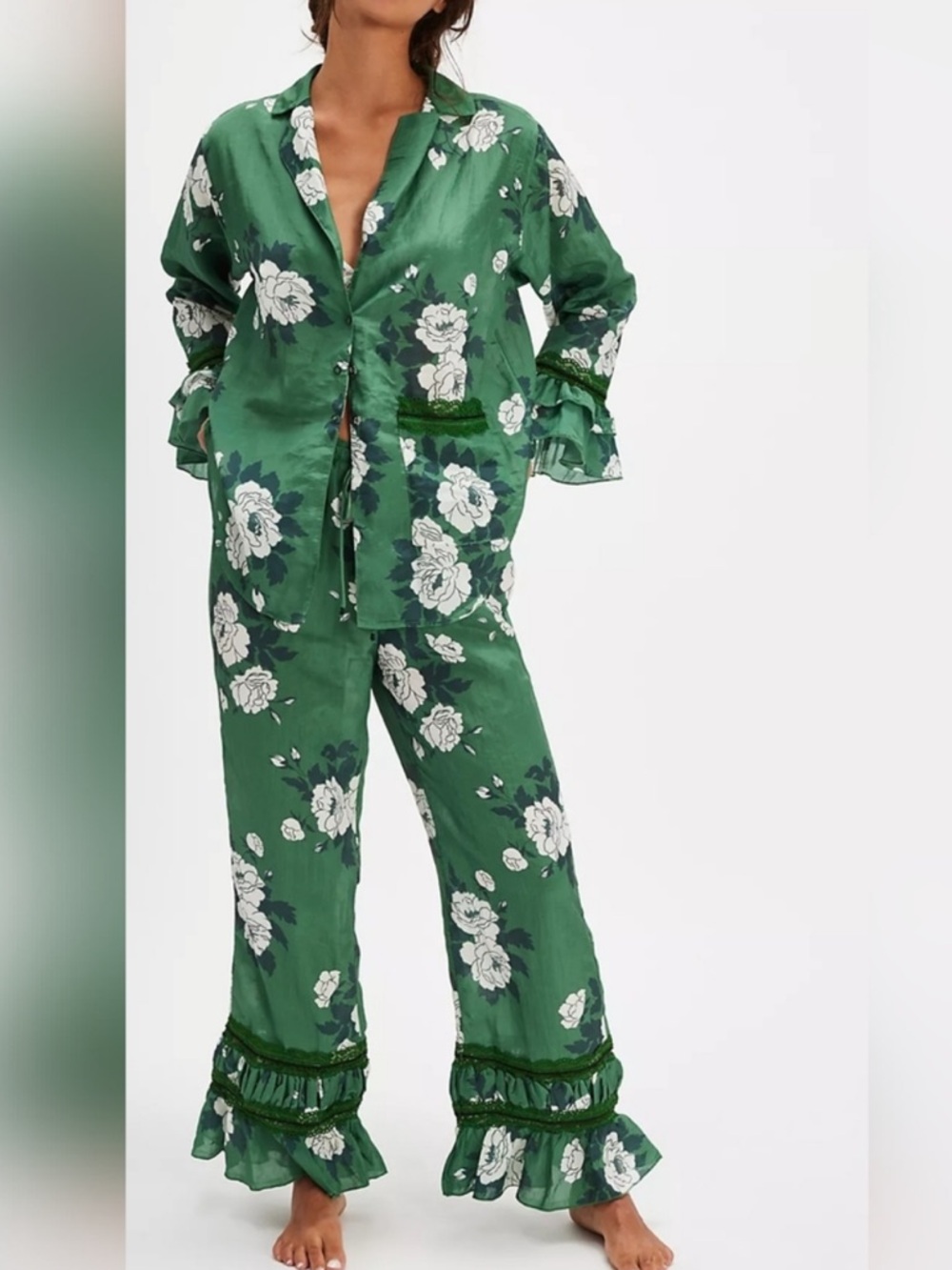 Intimately Free People Pretty Please green floral pajama set Sz M